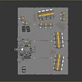3D Industrial Machinery Model With Metal Structures Pipes And Yellow Accents On Square Platform