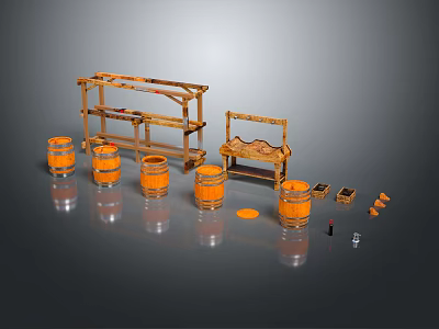 Decorative Ornament Set Featuring Wooden Shelves Table And Orange Barrels Accessories 3d model