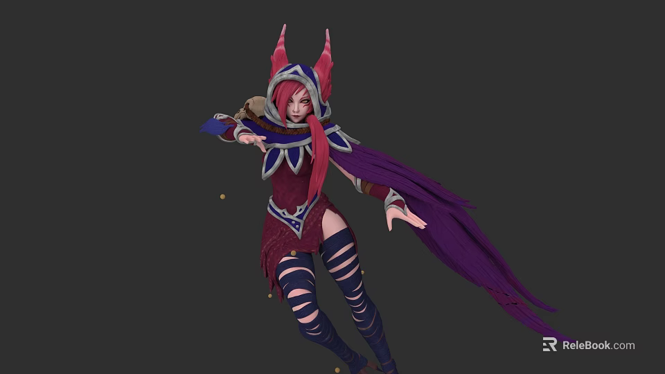 Game Movie Character Red Haired Female With Horned Helmet Purple Cape And Magic Elements 3d model 
