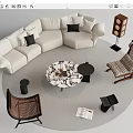 White Sectional Sofa Coffee Table Set With Black Cushions Round Patterned Table And Accent Chairs 3d model