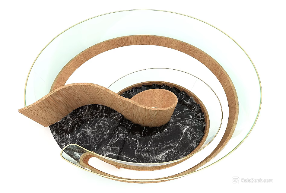Modern Spiral Staircase With Wooden Steps Glass Railing And Black Marble Floor 3d model 