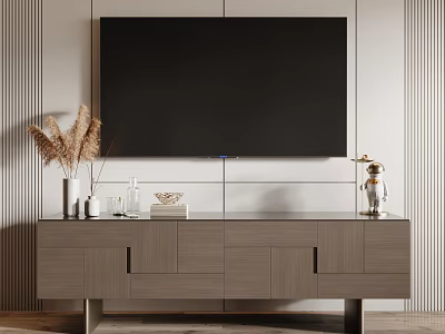 Modern Wooden TV Stand With Drawers And Decorative Vase Under Mounted TV 3d model