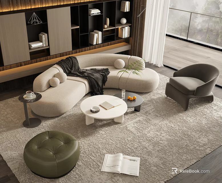 Modern Corner Sofa and Round White Coffee Table Set with Accent Chair Ottoman and Rug 3d model 