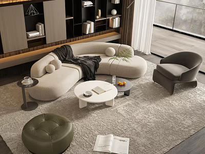 Modern Corner Sofa and Round White Coffee Table Set with Accent Chair Ottoman and Rug 3d model