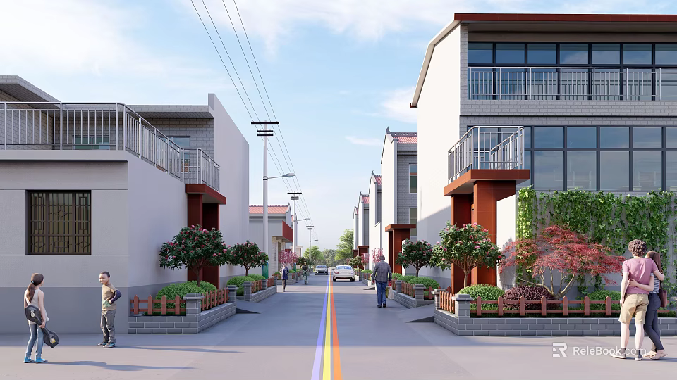 Urban Road Facilities With Yellow Dividing Lines Street Lamps Green Belts And Sidewalks 3d model 