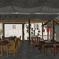 Traditional Teahouse Interior With Wooden Tables Bamboo Chairs Calligraphy Scrolls And Red Lanterns