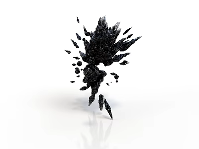 Black Crystal Fragmented Structure With Shattered Pieces On White Reflective Background 3d model