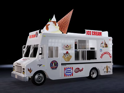 White Ice Cream Truck With Top Cone Decorations Side Graphics And Signage 3d model
