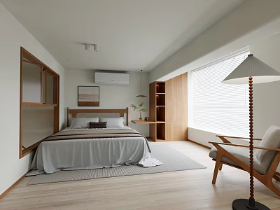 Modern Minimalist Bedroom Interior With Cozy Bed Wooden Furniture Floor Lamp And Natural Light 3d model