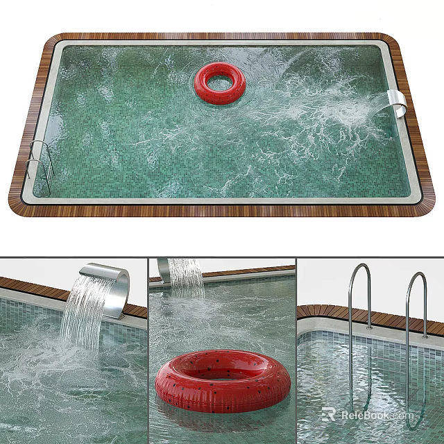 Modern Swimming Pool Area With Red Lifebuoy Splashing Water And Smooth Edge Design 3d model 