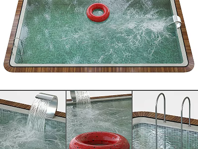 Modern Swimming Pool Area With Red Lifebuoy Splashing Water And Smooth Edge Design 3d model