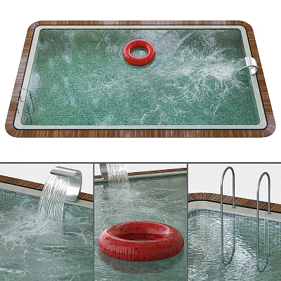 Modern Swimming Pool Area With Red Lifebuoy Splashing Water And Smooth Edge Design 3d model