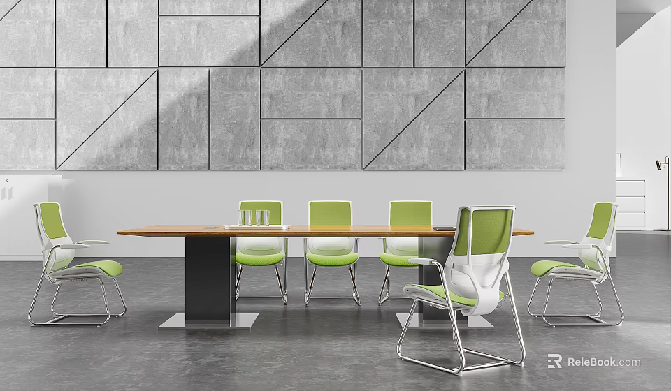 Modern Conference Table Wooden Top Black Legs Green White Chairs Metal Frame Gray Geometric Wall 3d model 
