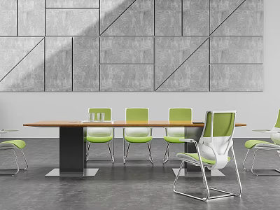 Modern Conference Table Wooden Top Black Legs Green White Chairs Metal Frame Gray Geometric Wall 3d model