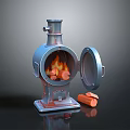 Vintage Rustic Metal Wood Burning Fireplace With Open Door And Burning Logs
