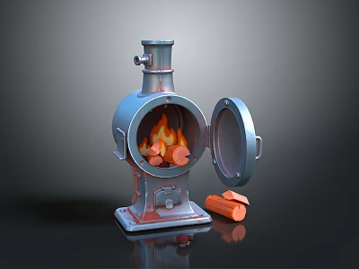 Vintage Rustic Metal Wood Burning Fireplace With Open Door And Burning Logs 3d model