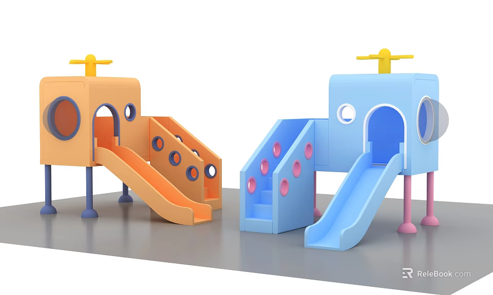 Orange And Blue Children's Play Slides With House Structure Yellow Antenna And Pink Dots 3d model 