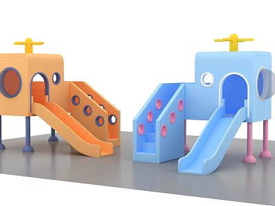 Orange And Blue Children's Play Slides With House Structure Yellow Antenna And Pink Dots 3d model