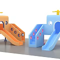 Orange And Blue Children's Play Slides With House Structure Yellow Antenna And Pink Dots