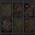 Six Vibrant Abstract Paintings with Intricate Patterns Hanging on Gray Wall