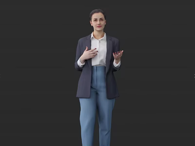 Professional Woman Wearing Gray Blazer White Shirt Blue Pants Gesturing With Hands On Dark Background 3d model