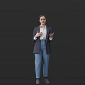 Professional Woman Wearing Gray Blazer White Shirt Blue Pants Gesturing With Hands On Dark Background