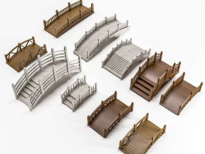 Landscape Bridges With Diverse Wooden Stone Designs And Decorative Railings For Gardens 3d model