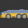 3D Model Car Featuring Blue and Yellow Cartoon Style with Multiple Wheels and Streamlined Design
