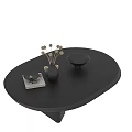 Oval Dark Wood Coffee Table With Vase Dried Flowers And Small Bowl