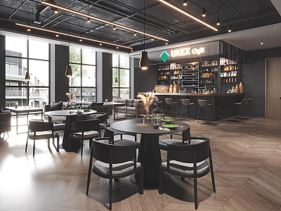 Modern Restaurant Interior With Open Space Dining Tables Hanging Lights And Bar Counter 3d model