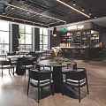 Modern Restaurant Interior With Open Space Dining Tables Hanging Lights And Bar Counter