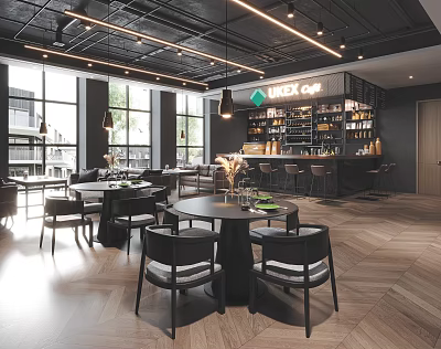 Modern Restaurant Interior With Open Space Dining Tables Hanging Lights And Bar Counter 3d model