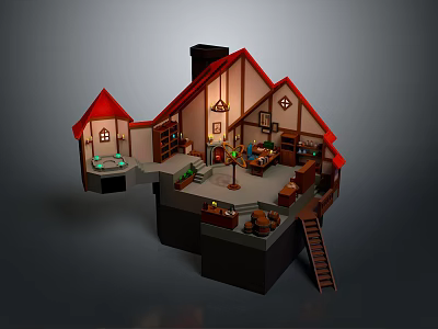 Cartoon Cottage Interior Scene With Cozy Furniture Staircase And Decorative Plants 3d model