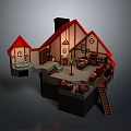 Cartoon Cottage Interior Scene With Cozy Furniture Staircase And Decorative Plants