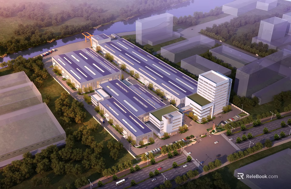 Industrial Factory Complex With Large Buildings Greenery Roads Office And Waterfront Surroundings 3d model 