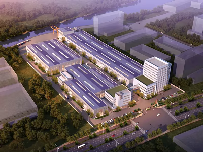 Industrial Factory Complex With Large Buildings Greenery Roads Office And Waterfront Surroundings 3d model
