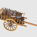 Traditional Wooden Cart With Spoked Wheel Clay Pots And Axe On Board