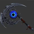 Ornate Scythe Weapon With Blue Glowing Orb And Red Wrapped Handle