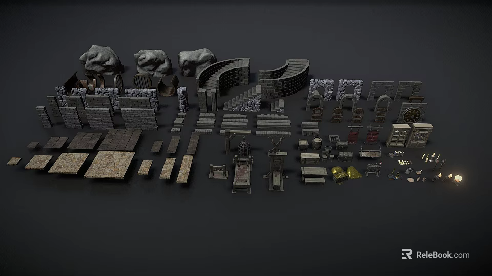 Various Types Of Weapons Collection Including Swords Shields Axes And Armor Parts 3d model 