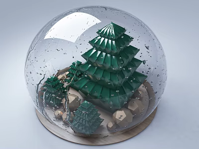 Decorative Ornament Set With Transparent Glass Globe Green Pagoda Small Trees Stones And Metal Base 3d model