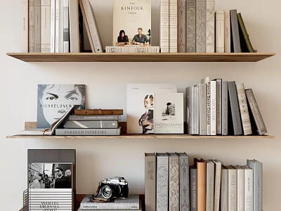 Well Arranged Books And Magazines On Wooden Shelf With Various Sizes And Decorative 3d model