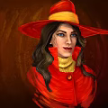 Portrait Of Woman Wearing Red Hat With Yellow Trim And Red Coat Over Yellow Turtleneck