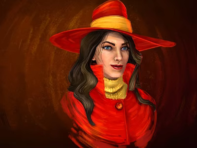 Portrait Of Woman Wearing Red Hat With Yellow Trim And Red Coat Over Yellow Turtleneck 3d model