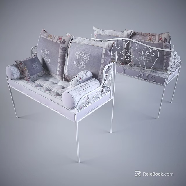 Stylish Two Seater Sofa Featuring White Metal Frame Gray Fabric Cushions And Patterned Pillows 3d model 