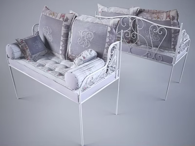 Stylish Two Seater Sofa Featuring White Metal Frame Gray Fabric Cushions And Patterned Pillows 3d model