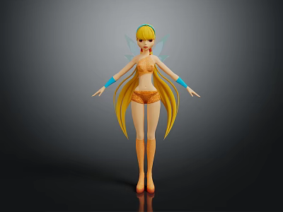 Game Movie Character With Blonde Long Hair Yellow Outfit And Blue Arm Bands Standing Pose 3d model