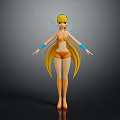 Game Movie Character With Blonde Long Hair Yellow Outfit And Blue Arm Bands Standing Pose