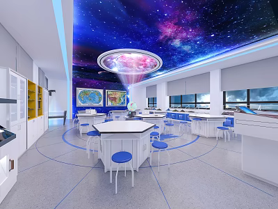 School Science Laboratory Interior With Starry Ceiling Circular Light Lab Tables And Blue Stools 3d model