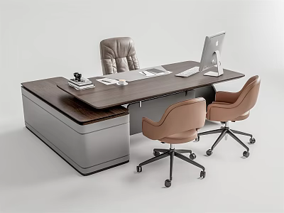 Modern Office Desk with Computer Monitor Telephone Documents and Ergonomic Chairs in Contemporary Workspace 3d model