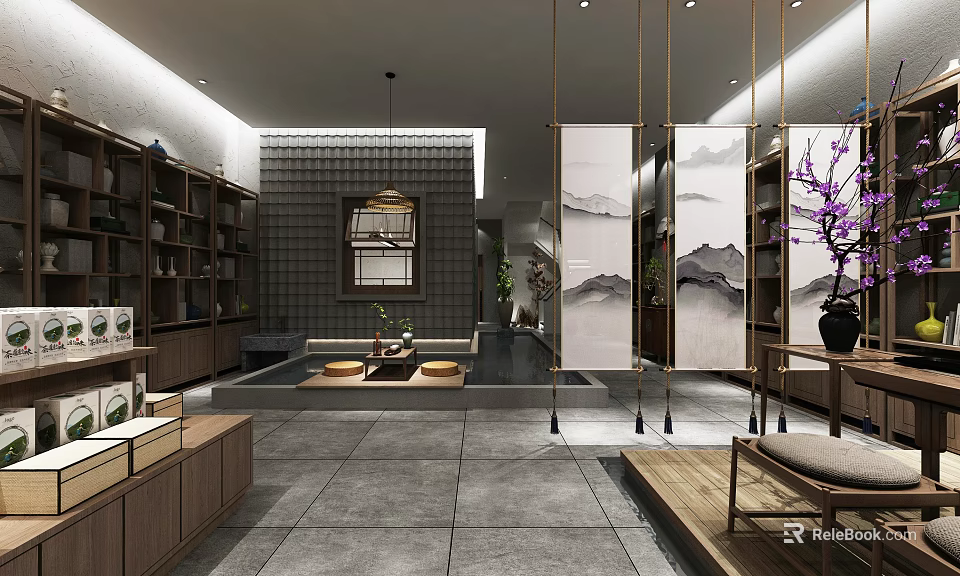 Traditional Chinese Interior Design With Wooden Bookshelves Landscape Screens Tea Table And Tatami Seating 3d model 